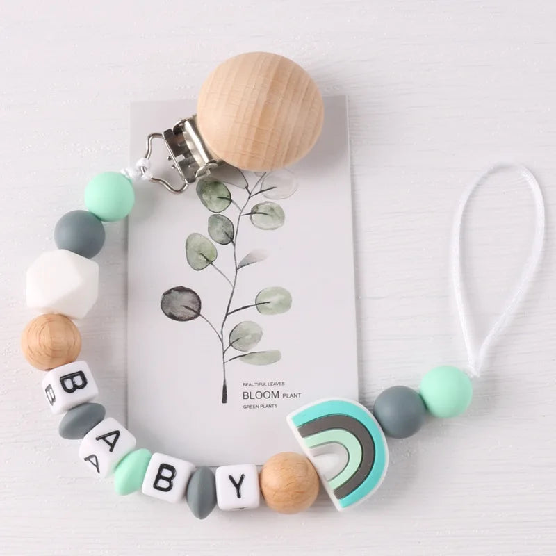 Custom Personalized Name Pacifier Holder Chain Handmade Beech Wooden Clip Cilicone Teether Baby Teething Toy Newborn Chew Gift