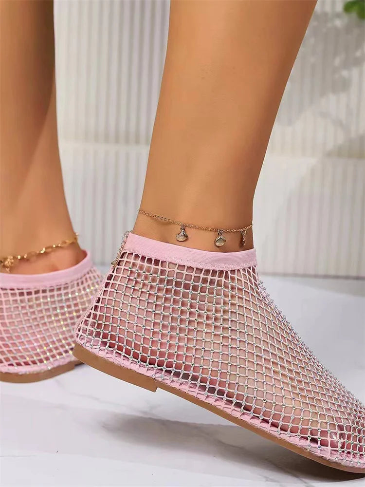 Msfilia Round Toe Sandals With Hollowed Out Internet Famous Diamond Studded Short Boots Summer Sexy Plus Size Flat Shoes