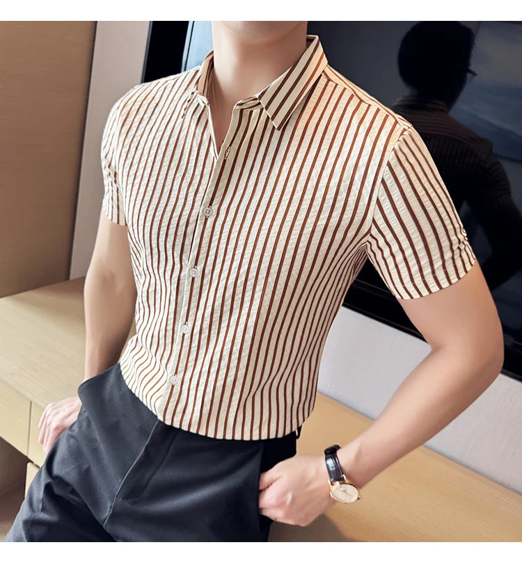 Men Striped Shirt 2026 Summer Light and Thin Breathable Sweat Absorbing Short Sleeved Slim Fit Casual Pleated Shirt Men Clothing