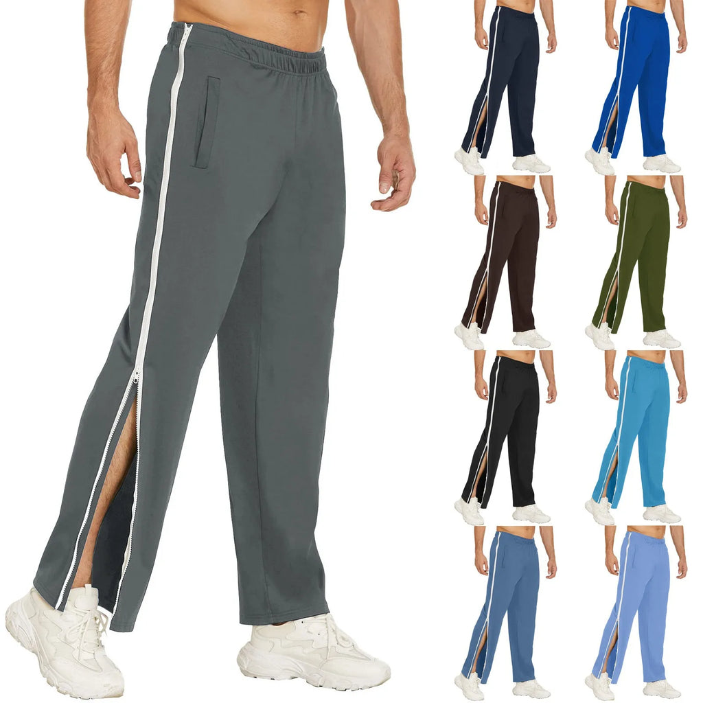 Men Sweatpants Elastic Waistband Pockets Splicing Color Mid-Rise Long Trousers Wide Leg Side Zipper Tear Away Basketball Pants
