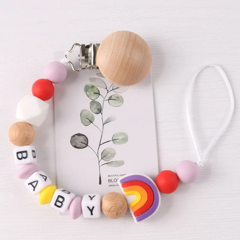 Custom Personalized Name Pacifier Holder Chain Handmade Beech Wooden Clip Cilicone Teether Baby Teething Toy Newborn Chew Gift