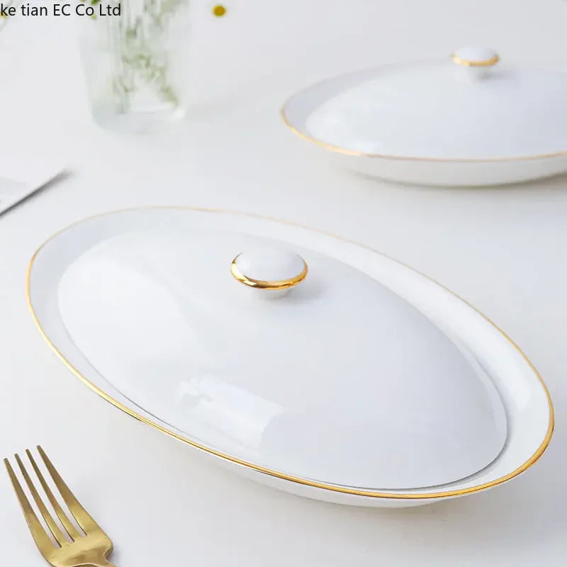 Steamed Fish Plate Oval Plate Abalone Juice Dish Sea Cucumber Plate Ceramic Dinnerware with Lid Hotel Restaurant dishes