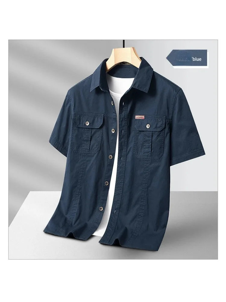 Summer Short Sleeve Shirt Men 100 Cotton Refreshing Breathable Sweat Absorbing Shirt Climbing Work Clothes Pocket Fishing Shirt
