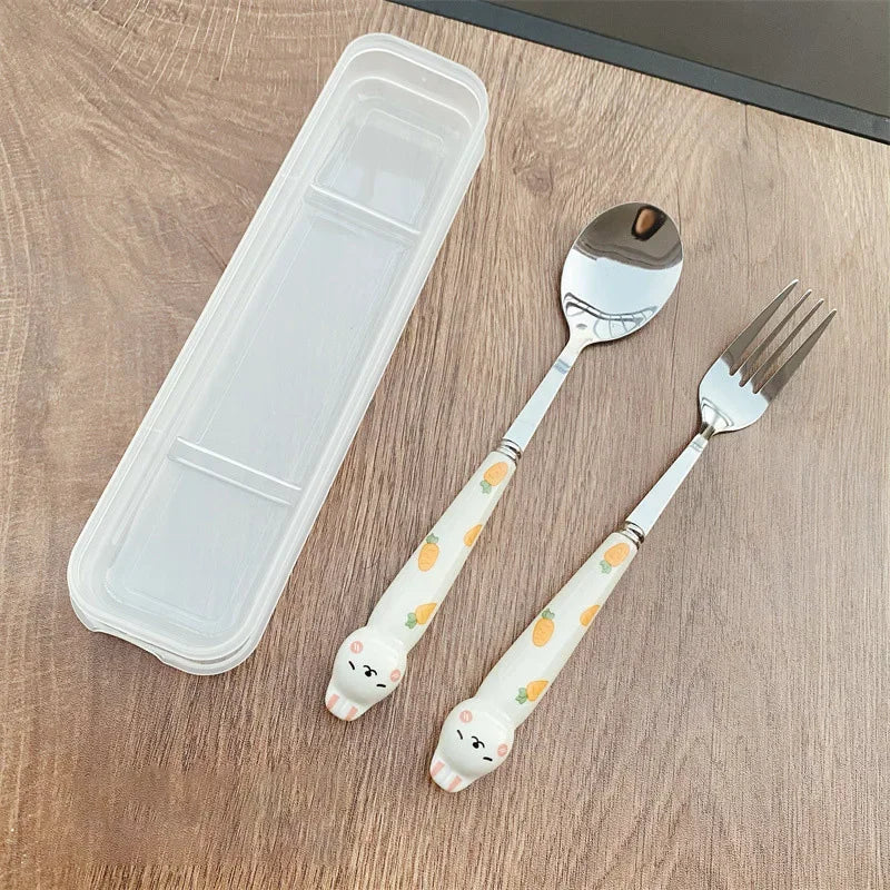 Cutlery Cartoon Rabbit Spoon Fork Chopsticks Sets Portable Lunch Tableware Stainless Steel Travel Dinnerware Kitchen Supplies