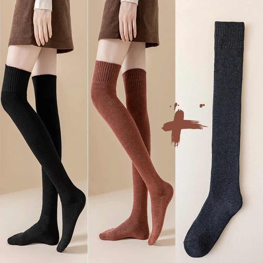 2 Pairs/Lot Winter Warm Thick Stockings Socks Women Over Knee High Hold Up Cotton Sexy Slim Ladies Girls Halloween Gift 6 Colors