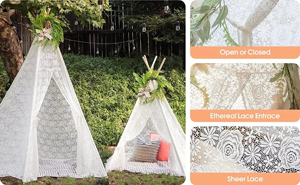 White Lace Teepee Tent for Kids Large Fairy Play House Indoor Wigwam Children Castle Wedding Party Photography Props Boho Decor