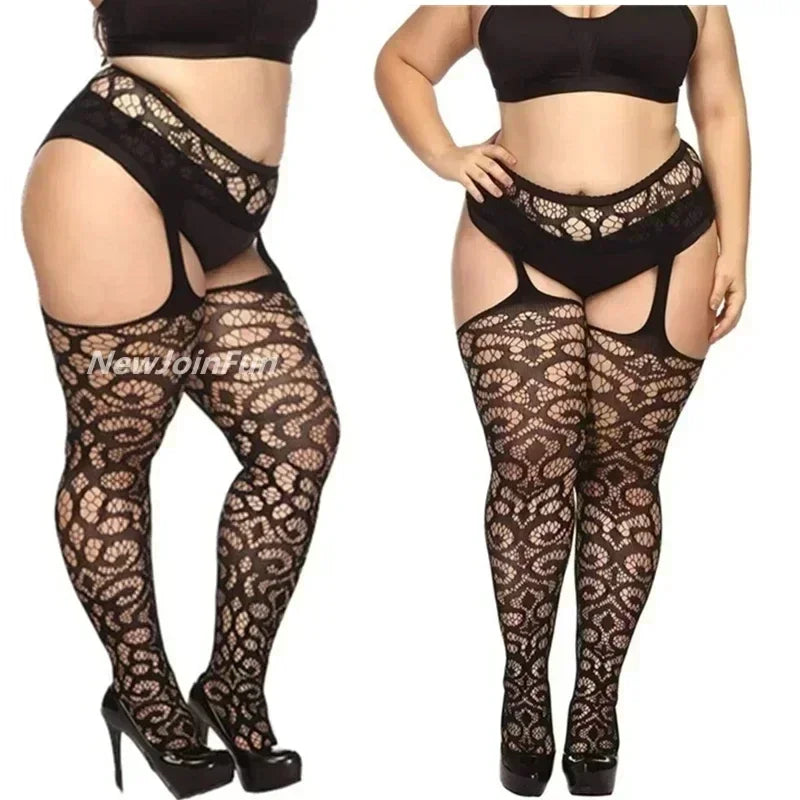 FREEAUCE Women Large Plus Size Stockings with Anti-slip Oversized Lace XXXL Thigh High Sheer Fishnet Black Long Knee Socks