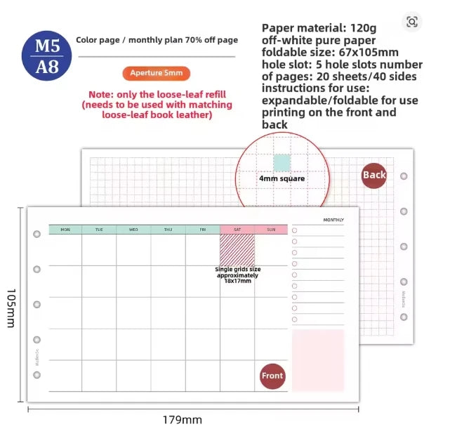 M5 20 Sheet Triple Fold Colorful Loose Leaf Notebook Refill Spiral Binder Inner Page Weekly Monthly To Do Line Grid Inside Paper