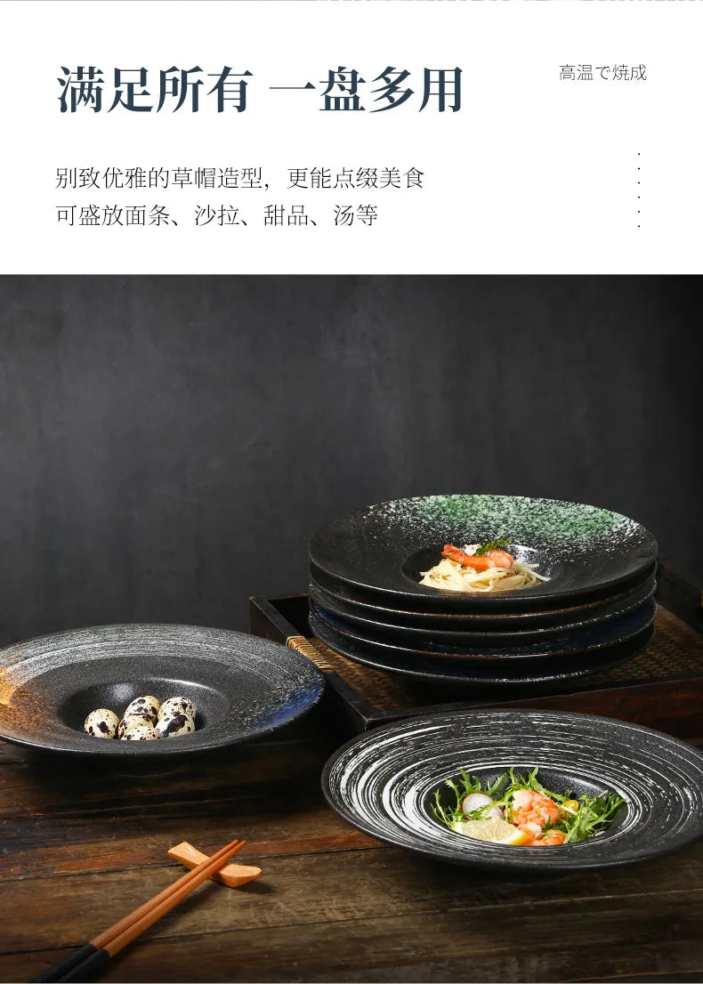 Italian Straw Hat Plate Commercial Italian Noodle Western Salad Plate Japanese Vintage Ceramic Plate UFO Round Deep Soup