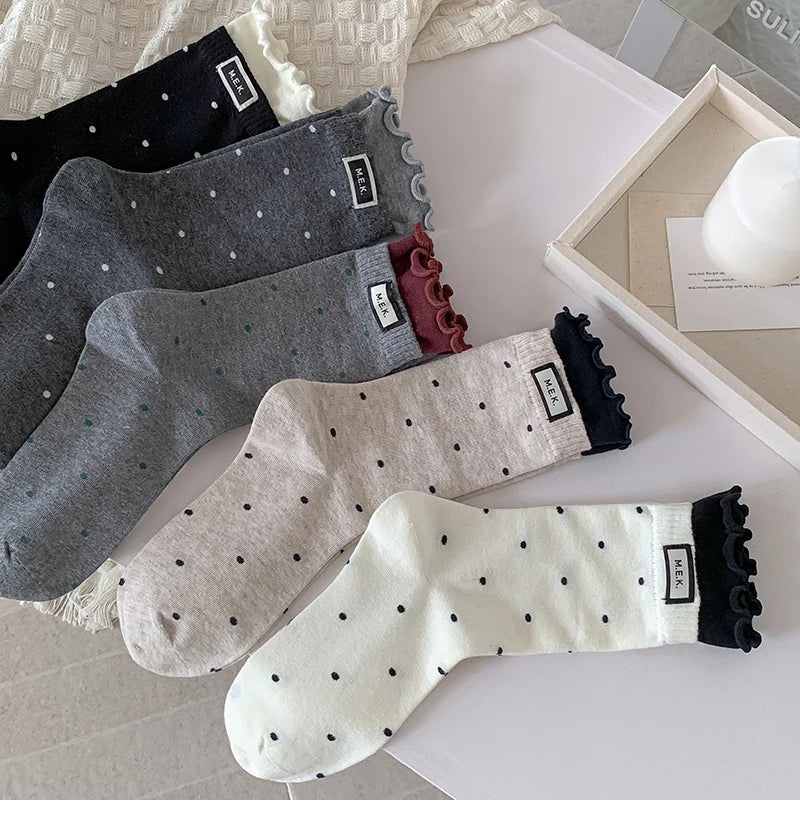 Socks For Women New Dots Cute Frilly Casual Fashion Long Socks Breathable Preppy Style Ladies Novelties Socks Cotton Soft Comfy