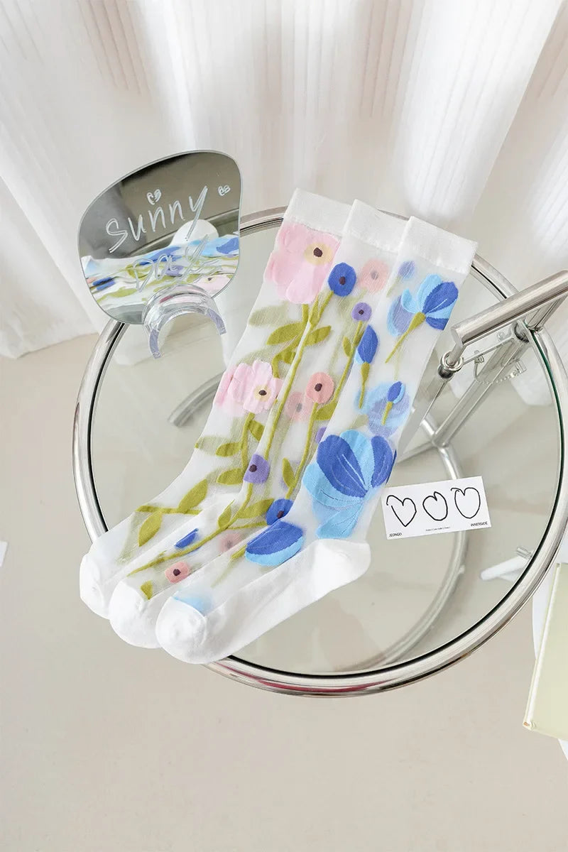Stockings Women Summer Ultra-thin Transparent Nylon Long Socks Floral Print Sexy Lace Mesh Fishnet Stockings Kawaii Knee Socks