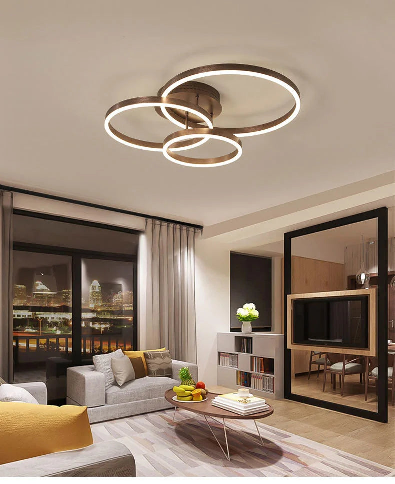 Household Gold Led Chandeliers 3 Circle Bedroom Metal Living Dining Room Lighting Chandelier Brown Glossy Lamp Home Indoor Lamps
