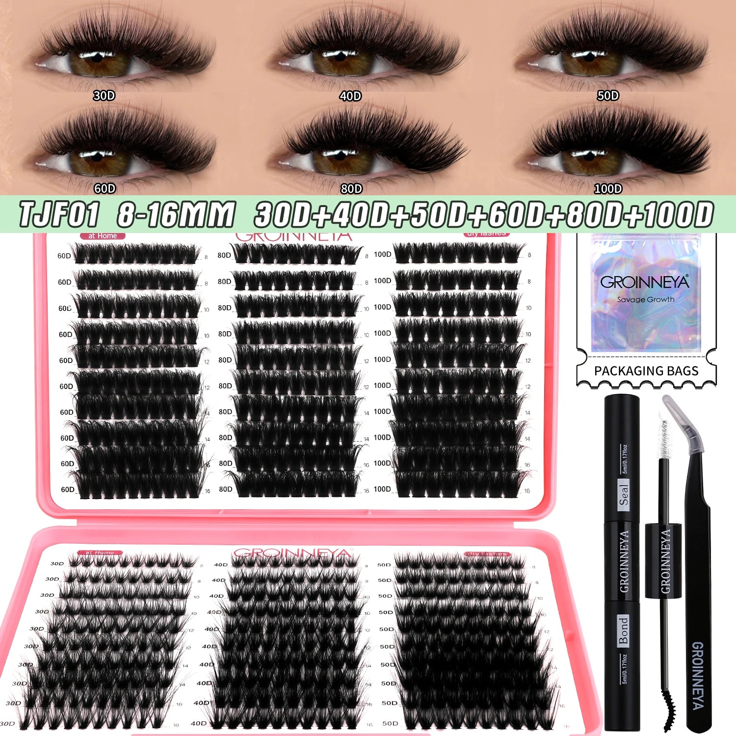 GROINNEYA DIY Lash Clusters Kit Mixed Tray Eyelash Extension Full Set Individual Lashes with Lash Bond&Seal and Tweezers Tool