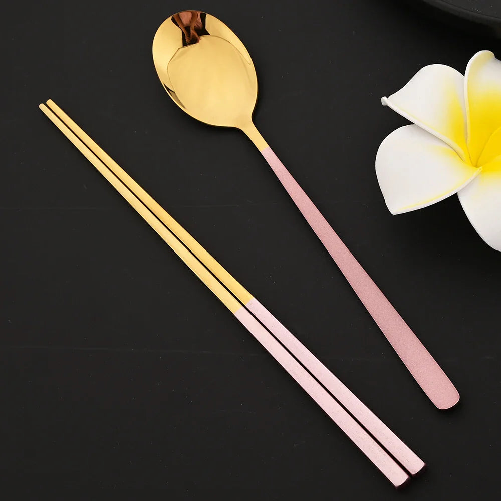 304 Stainless Steel Cutlery Set Sushi Sticks Dinner Spoons Set 10Pcs Dinnerware Korean Chopsticks Dessert Spoon Flatware Set