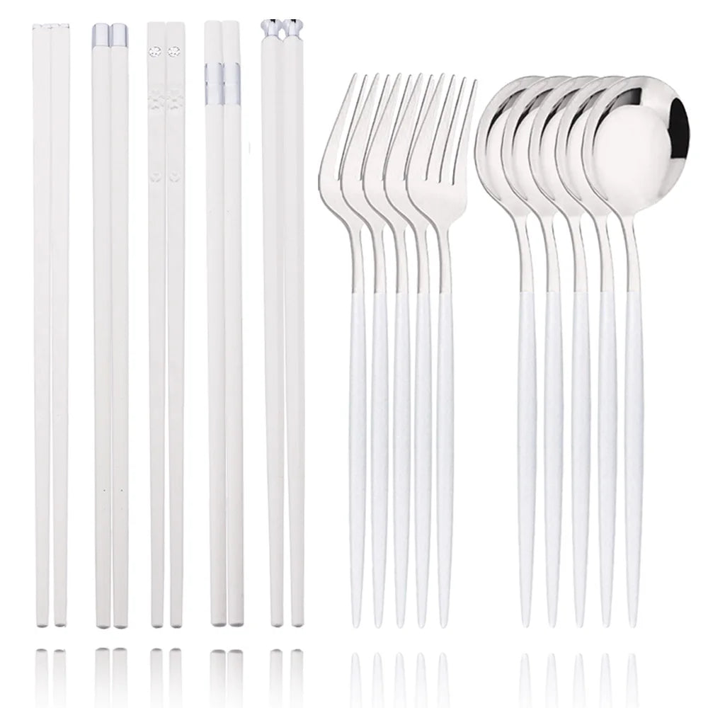Black Gold Korean Tableware Set 15-20Pcs Luxury Cutlery Set Stainless Steel Dinnerware Knife Fork Spoon Chopsticks Cutlery Set