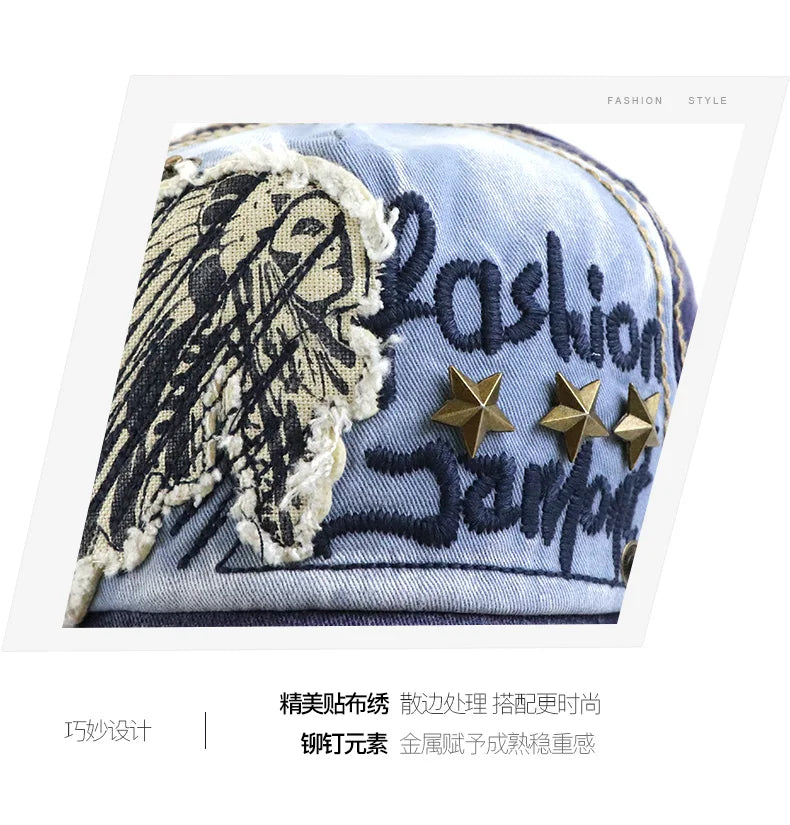 Vintage Washable Cowboy Baseball Cap Embroidery Snapback Hat for Men Women Worn Out Hip Hop Caps Adjustable Solid Cotton Sun Hat
