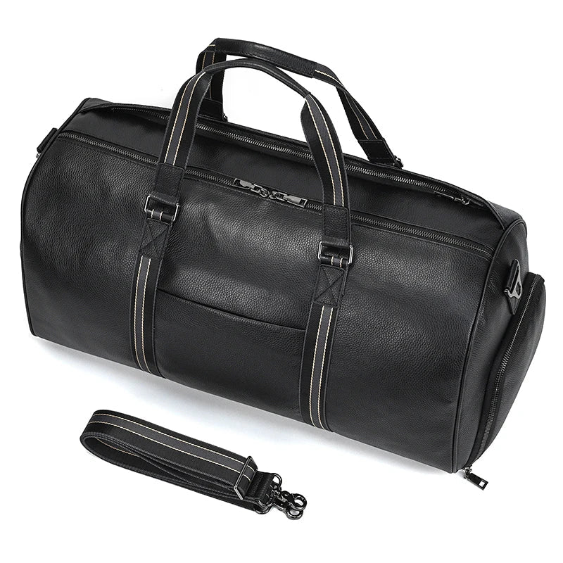 Big Capacity Genuine Leather Travel Bag For Men Women Soft Black Cowhide Casual Travel Duffel Large Luggage Weekend Shoulder Bag
