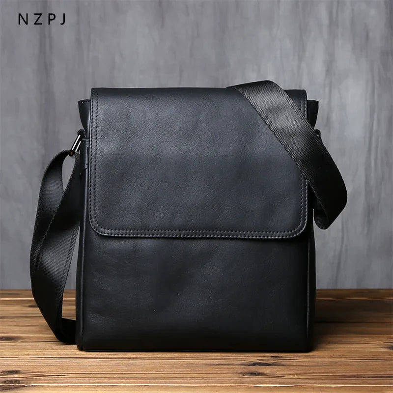 New NZPJ-Leather Shoulder Bag for Men, Natural Cowhide, Vertical Crossbody Bag, Casual, Large Capacity, Flip, Zipper, 10 ", iPad