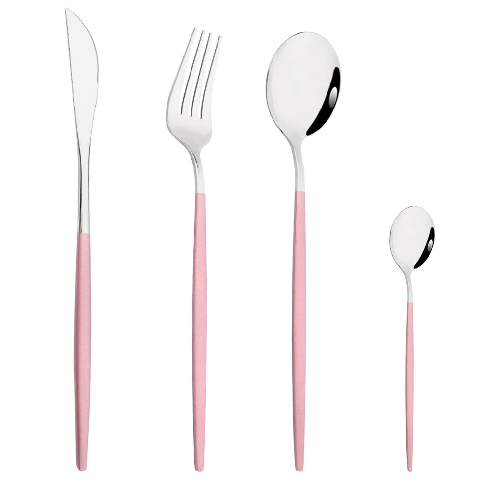 Drmfiy Pink Silver Stainless Steel Dinnerware Set Fork Knife Soup Ice Spoon Cutlery Set Western Flatware Kitchen Silverware Set
