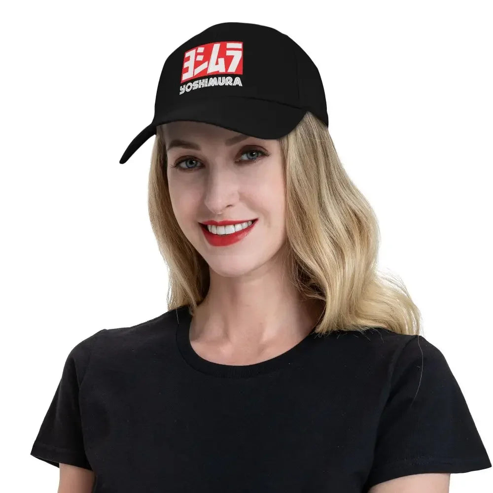 Yoshimura Motorcycle Racing Snapback Cap - Adjustable Black Baseball Hat with Bold Red & White Logo, Perfect for Sports Fans