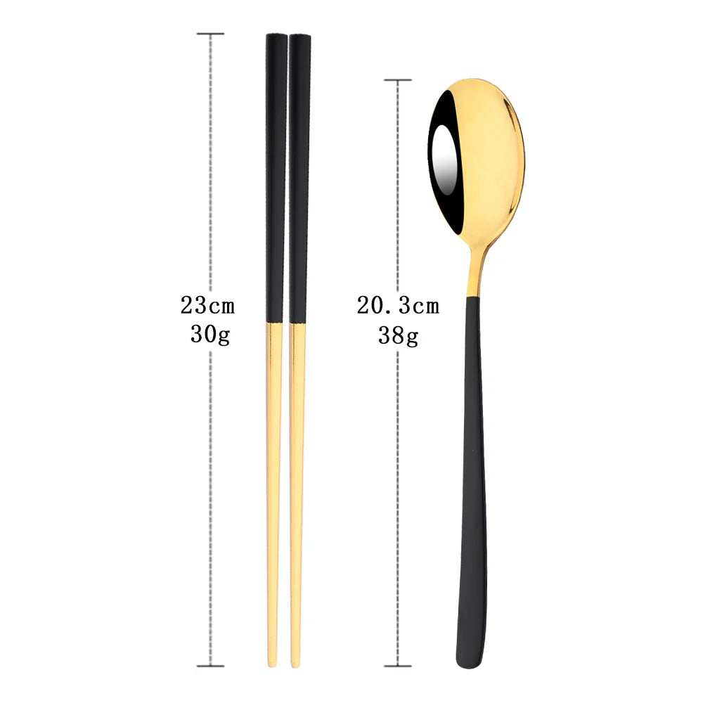 304 Stainless Steel Cutlery Set Sushi Sticks Dinner Spoons Set 10Pcs Dinnerware Korean Chopsticks Dessert Spoon Flatware Set
