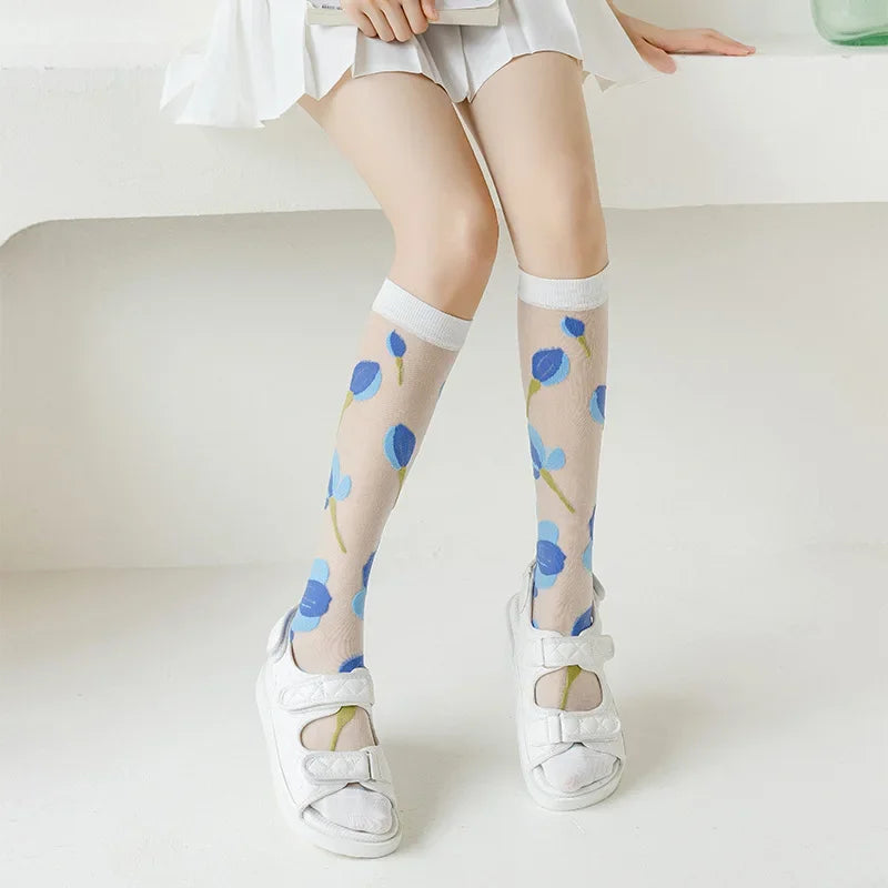 Stockings Women Summer Ultra-thin Transparent Nylon Long Socks Floral Print Sexy Lace Mesh Fishnet Stockings Kawaii Knee Socks