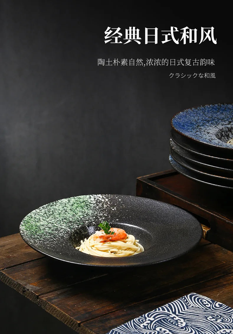 Italian Straw Hat Plate Commercial Italian Noodle Western Salad Plate Japanese Vintage Ceramic Plate UFO Round Deep Soup