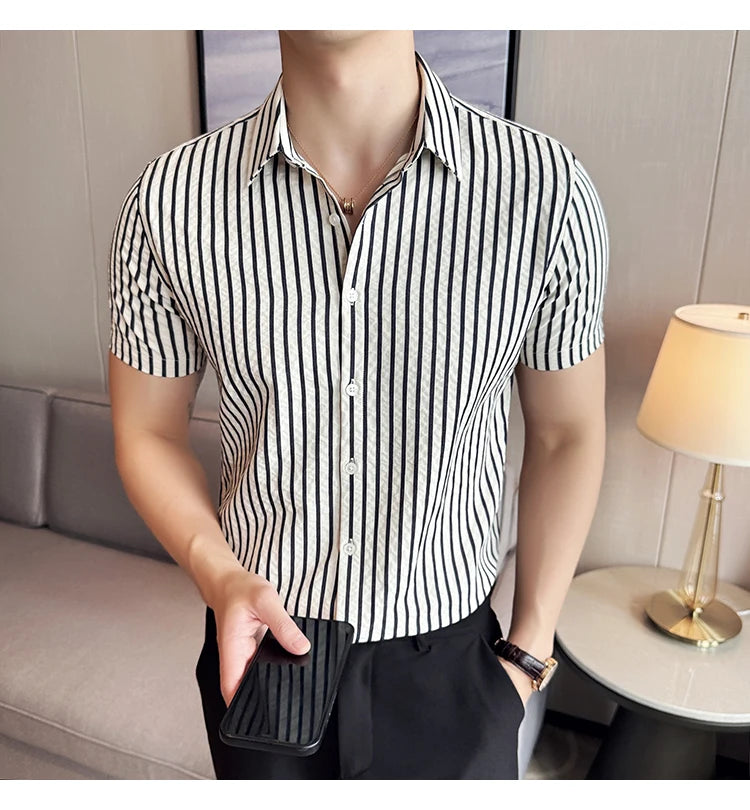 Men Striped Shirt 2026 Summer Light and Thin Breathable Sweat Absorbing Short Sleeved Slim Fit Casual Pleated Shirt Men Clothing
