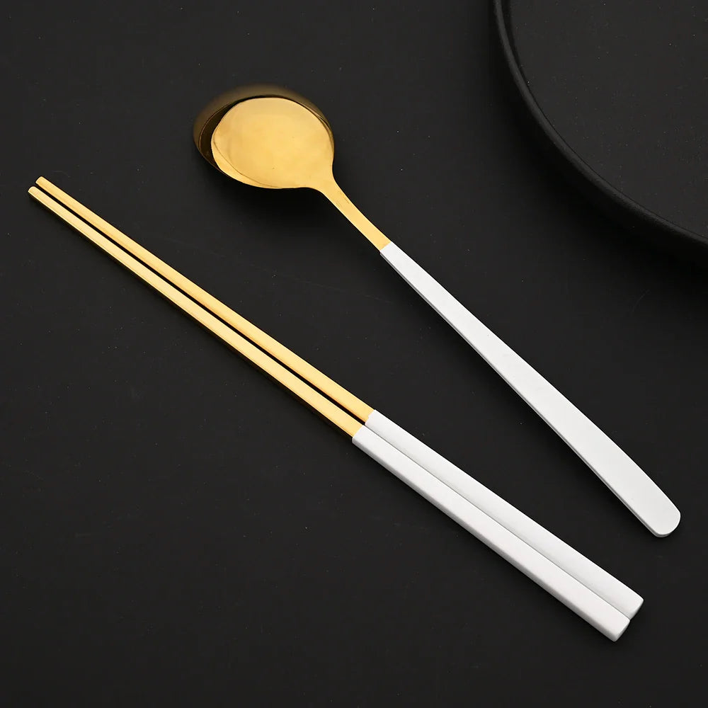 304 Stainless Steel Cutlery Set Sushi Sticks Dinner Spoons Set 10Pcs Dinnerware Korean Chopsticks Dessert Spoon Flatware Set