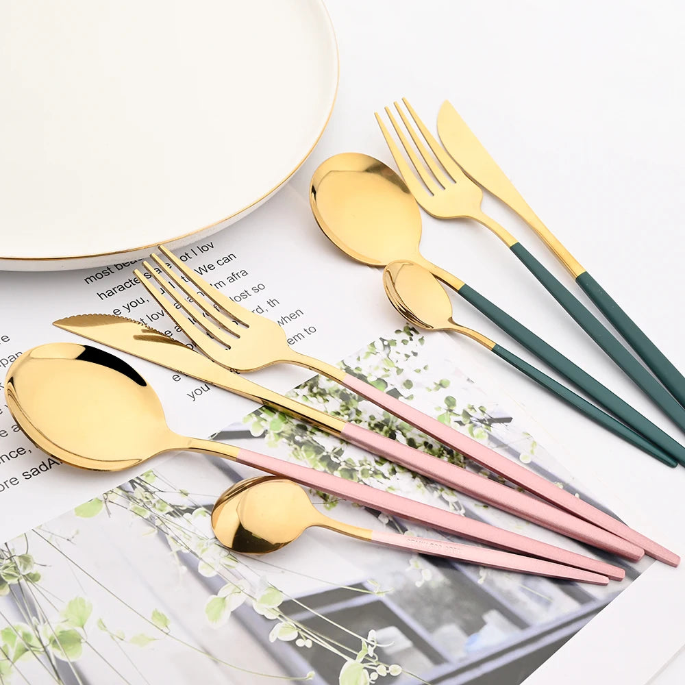 Drmfiy Pink Silver Stainless Steel Dinnerware Set Fork Knife Soup Ice Spoon Cutlery Set Western Flatware Kitchen Silverware Set