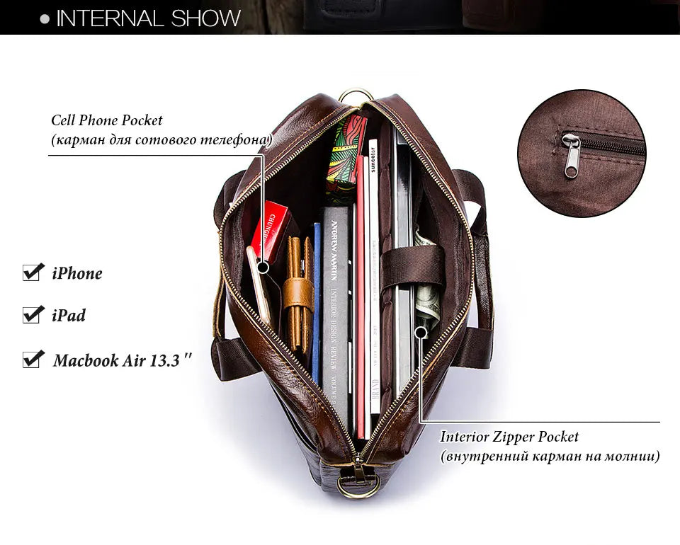 HUMERPAUL Briefcase Men Business Shoulder Messenger Bags Genuine Leather 15" Laptop Bag Men's Briefcase Office Business Handbag