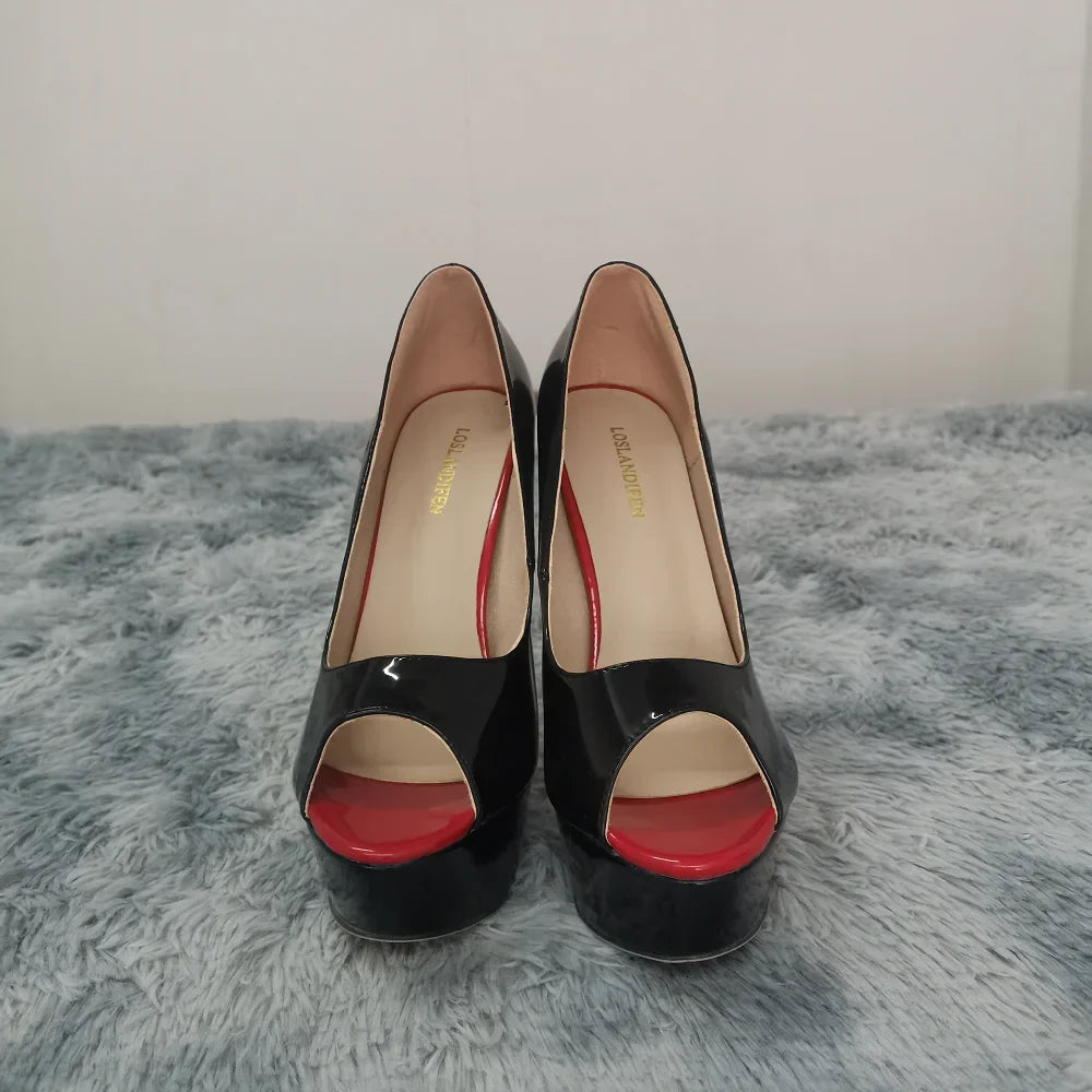 Women Pumps Stilettos Sexy Platform Peep Toe 14cm Extremely High Heels Patent Leather Party Nighclub Wedding Shoes Large Size 43
