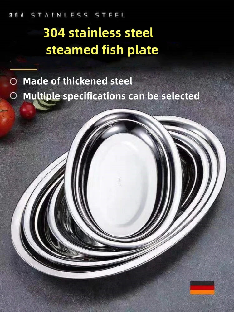Multi-Size 304 Stainless Steel Oval Fish Plates Household Food Dinner Steamed Shallow Plate Dishes Kitchen Tableware Dinnerware