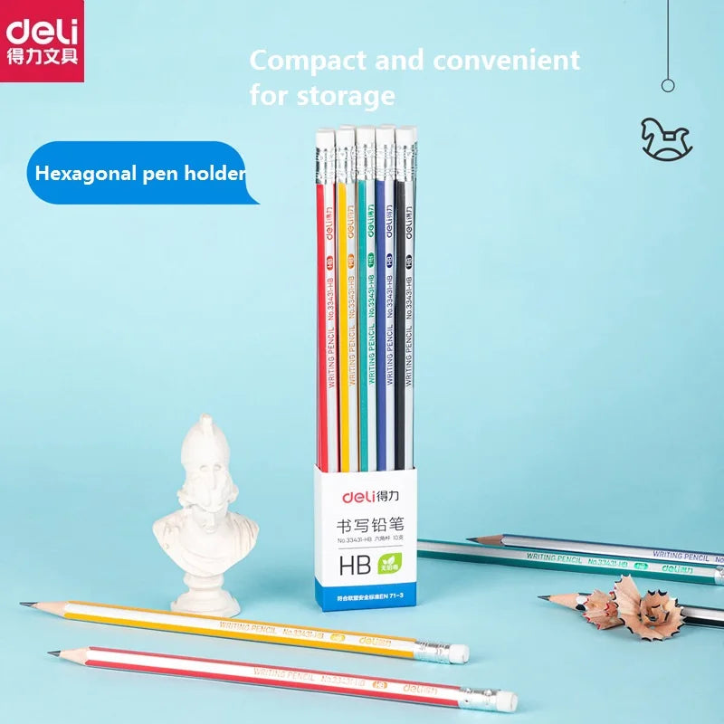 10pc/Set Deli HB 2B Wood Pencil Triangle/Hexagonal lapices With Eraser For Children Students Painting Writing School Office Home