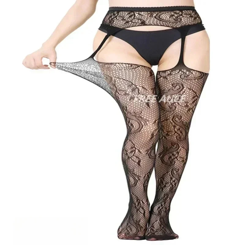 FREEAUCE Women Large Plus Size Stockings with Anti-slip Oversized Lace XXXL Thigh High Sheer Fishnet Black Long Knee Socks