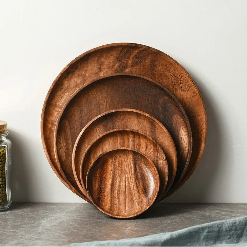 Japanese Household Dishes Acacia Wood Round Tableware Salad Dessert Tray Vintage Wood Dinnerware Set Plates Serving Platter