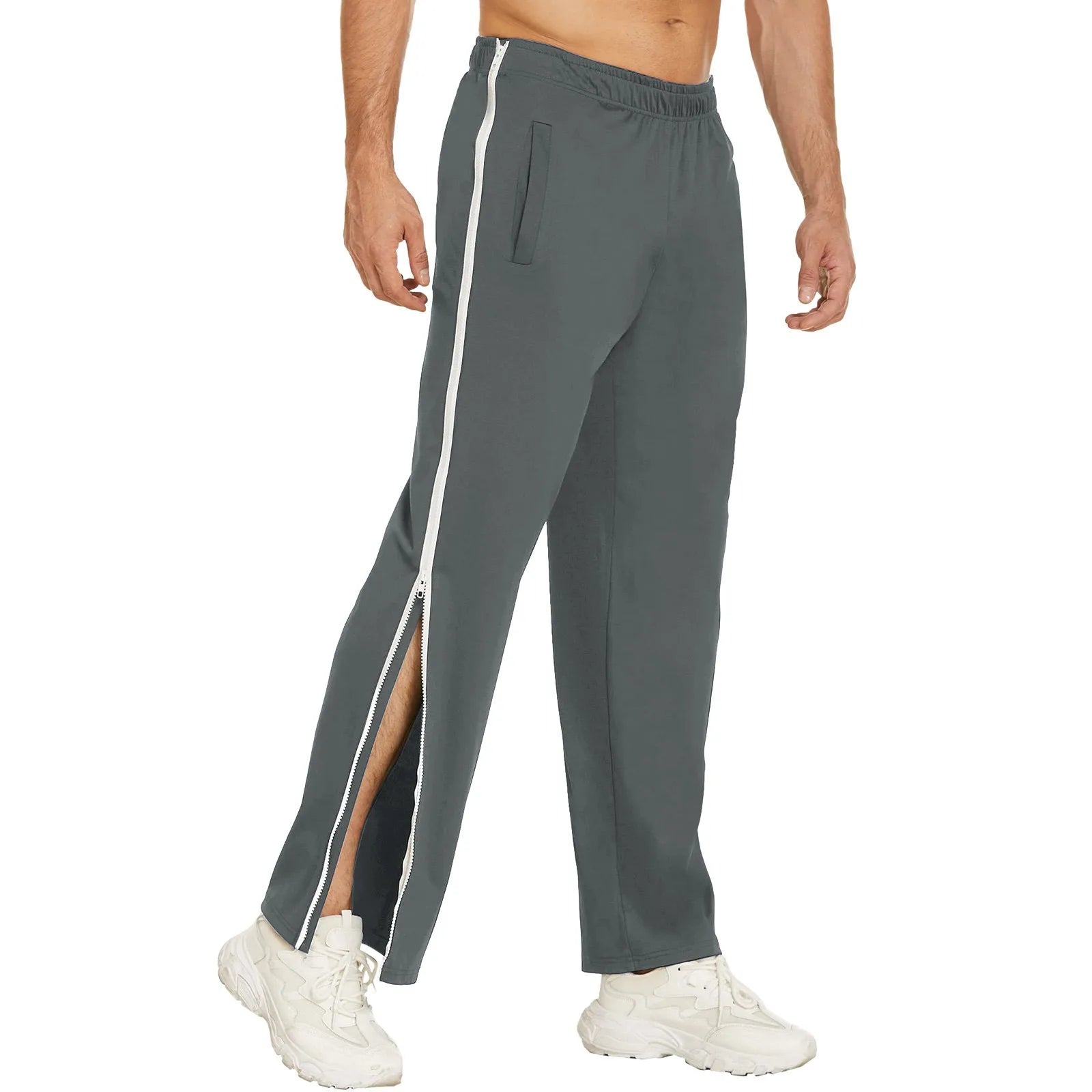 Men Sweatpants Elastic Waistband Pockets Splicing Color Mid-Rise Long Trousers Wide Leg Side Zipper Tear Away Basketball Pants