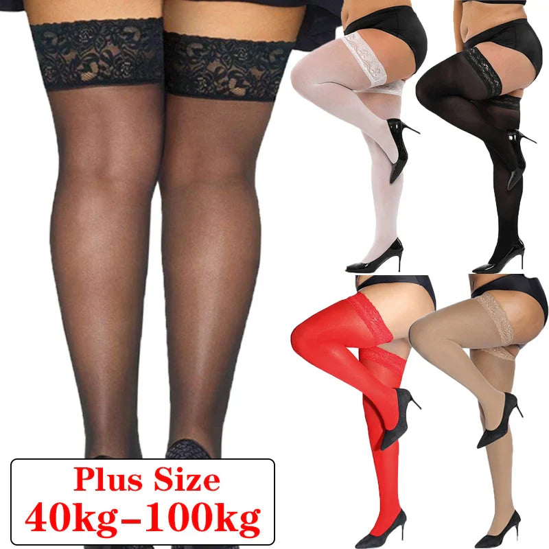 Lace Top Plus Size Knee Thigh High Socks for Women Stockings Sexy Stay Hold Up White Black Pink Red Long Stocking with Anti-slip