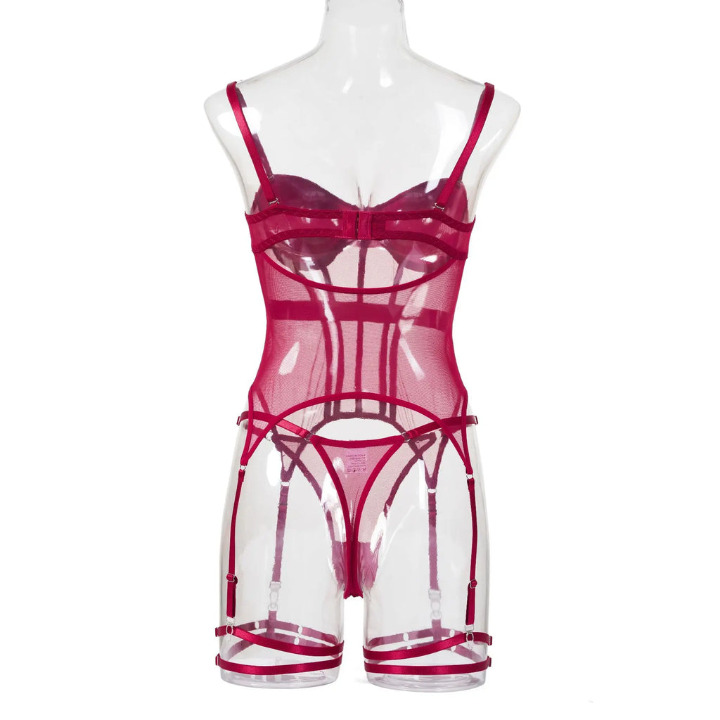 MUZISKAT Mesh  Lingerie Luxury Brand Bodysuit Backless Tops for Women 3 Piece Lingerie Set with Garter Sexydresses for Women