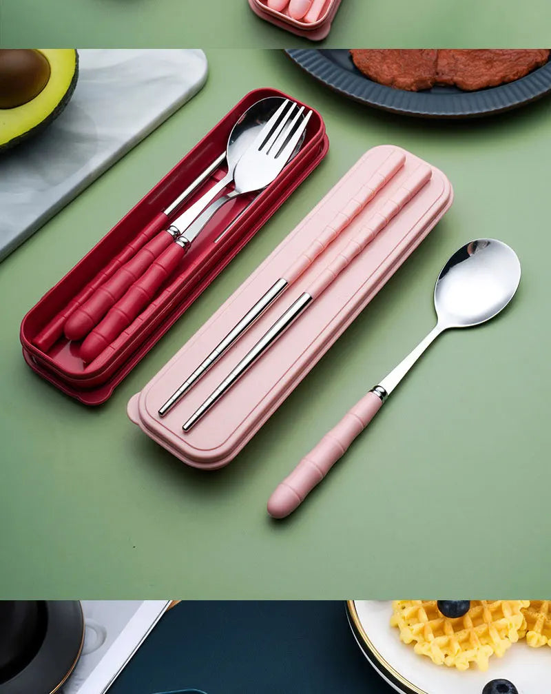 3pcs Portable Dinnerware Kit Spoon Fork Chopstick Set Travel Flatware With Box Set Stainless Steel Travelling Dinnerware Set