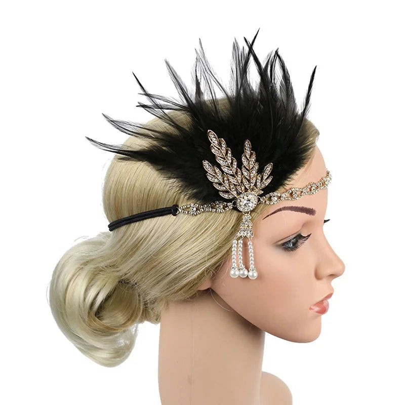 Hair Accessories For Women Girls Black Headband Rhinestone Sequin Vintage Party Headpiece Beaded Flapper Hair Feather Headband