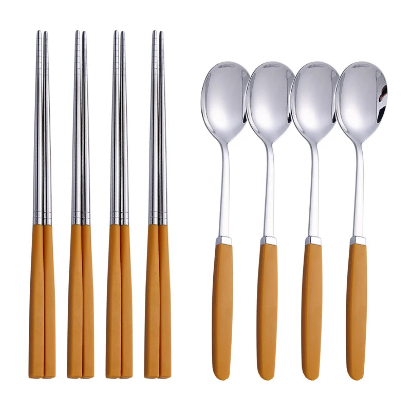 Korean Tableware Set 304 Stainless Steel Cutlery Set High Quality Dinner Set Spoon Chopsticks Set Dinnerware 8Pcs Cutlery Sets