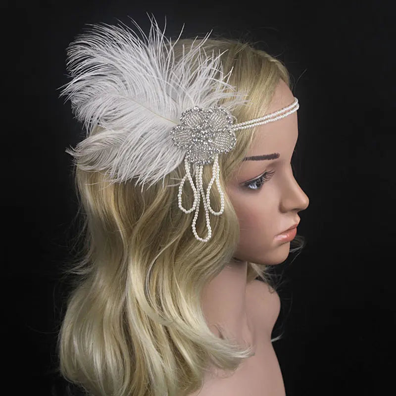 Hair Accessories For Women Girls Black Headband Rhinestone Sequin Vintage Party Headpiece Beaded Flapper Hair Feather Headband