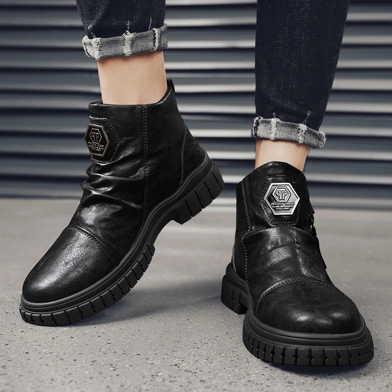 Fashion Mens Ankle Boots British Style High Top Casual Shoes Outdoor Walking Shoes Non-slip Work Boots Comfortable Leather Boots