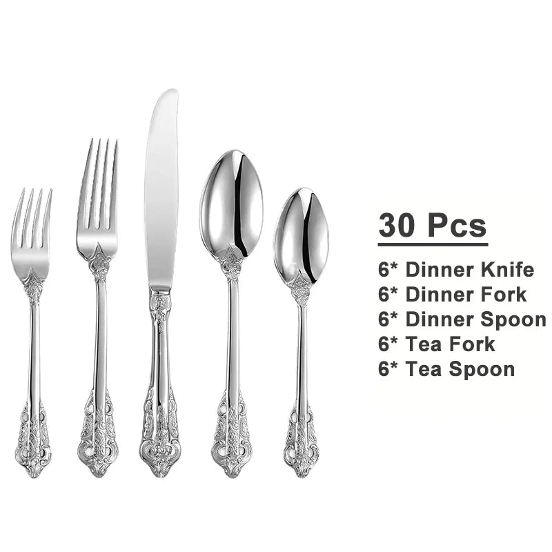 24/30pcs Vintage Cutlery Set Luxury Stainless Steel Flatware Set Forks Knive Spoons Tableware Set Kitchen Utensils