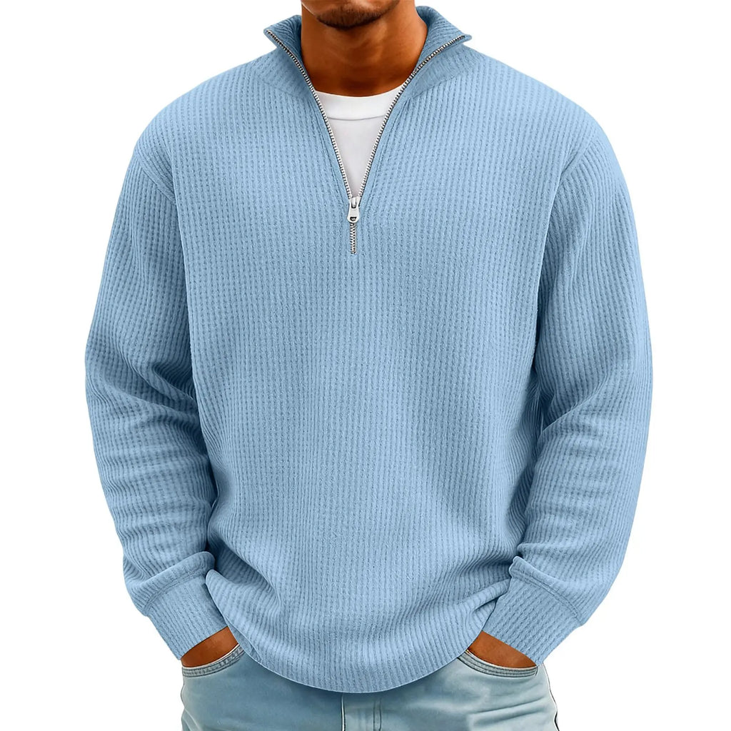 New Sweatshirts For Men Spring Waffle Long-sleeved T-shirt Men's Casual Loose Zipper Polo Collar Tees Tops Man Outwear