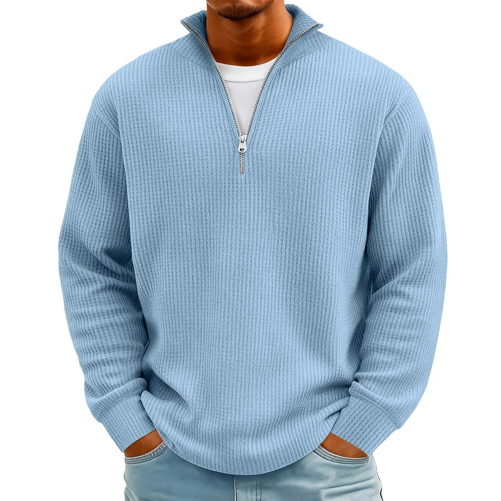New Sweatshirts For Men Spring Waffle Long-sleeved T-shirt Men's Casual Loose Zipper Polo Collar Tees Tops Man Outwear