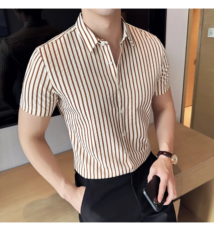 Men Striped Shirt 2026 Summer Light and Thin Breathable Sweat Absorbing Short Sleeved Slim Fit Casual Pleated Shirt Men Clothing