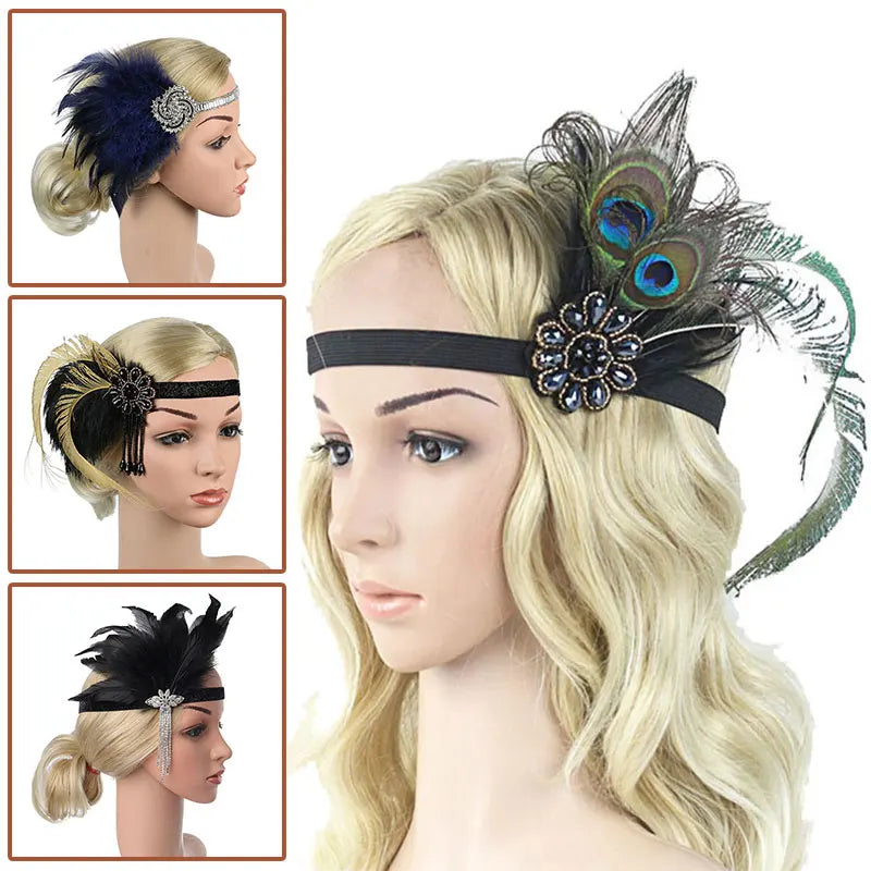 Hair Accessories For Women Girls Black Headband Rhinestone Sequin Vintage Party Headpiece Beaded Flapper Hair Feather Headband