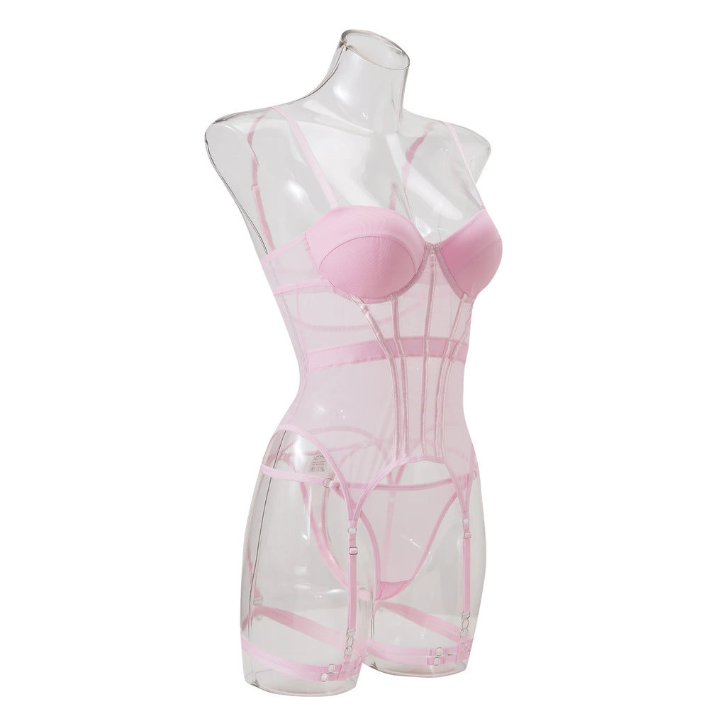 MUZISKAT Mesh  Lingerie Luxury Brand Bodysuit Backless Tops for Women 3 Piece Lingerie Set with Garter Sexydresses for Women